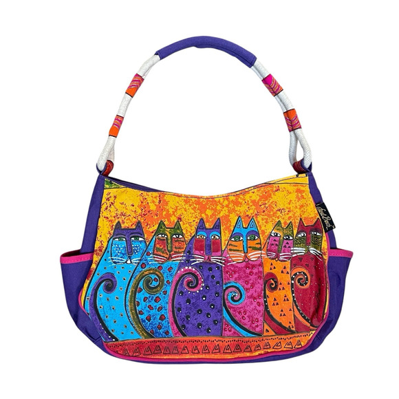NEW LAUREL BURCH Fantasticats Colorful Medium Shoulder Zip Canvas Tote Bag Purse - Picture 1 of 11